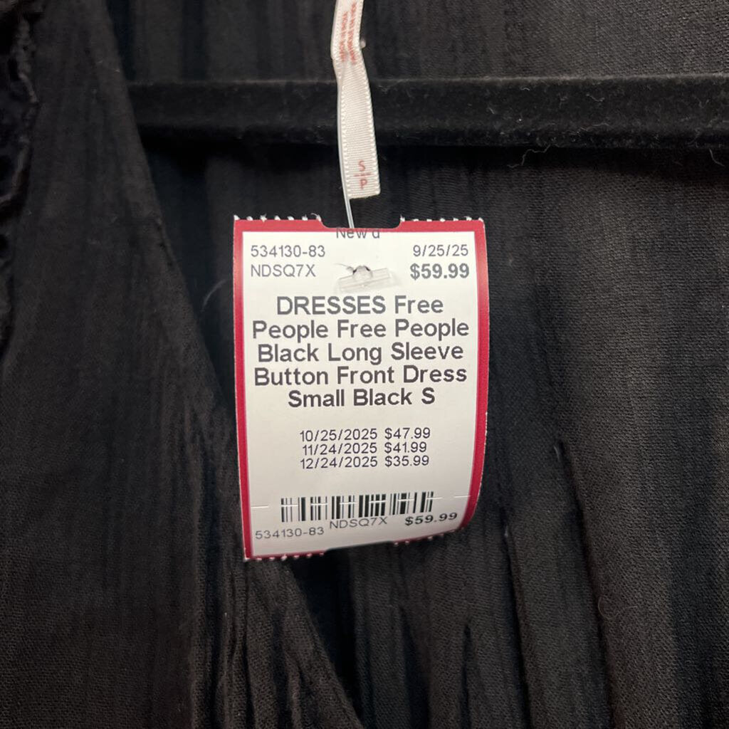 Free People Black Long Sleeve Button Front Dress Small