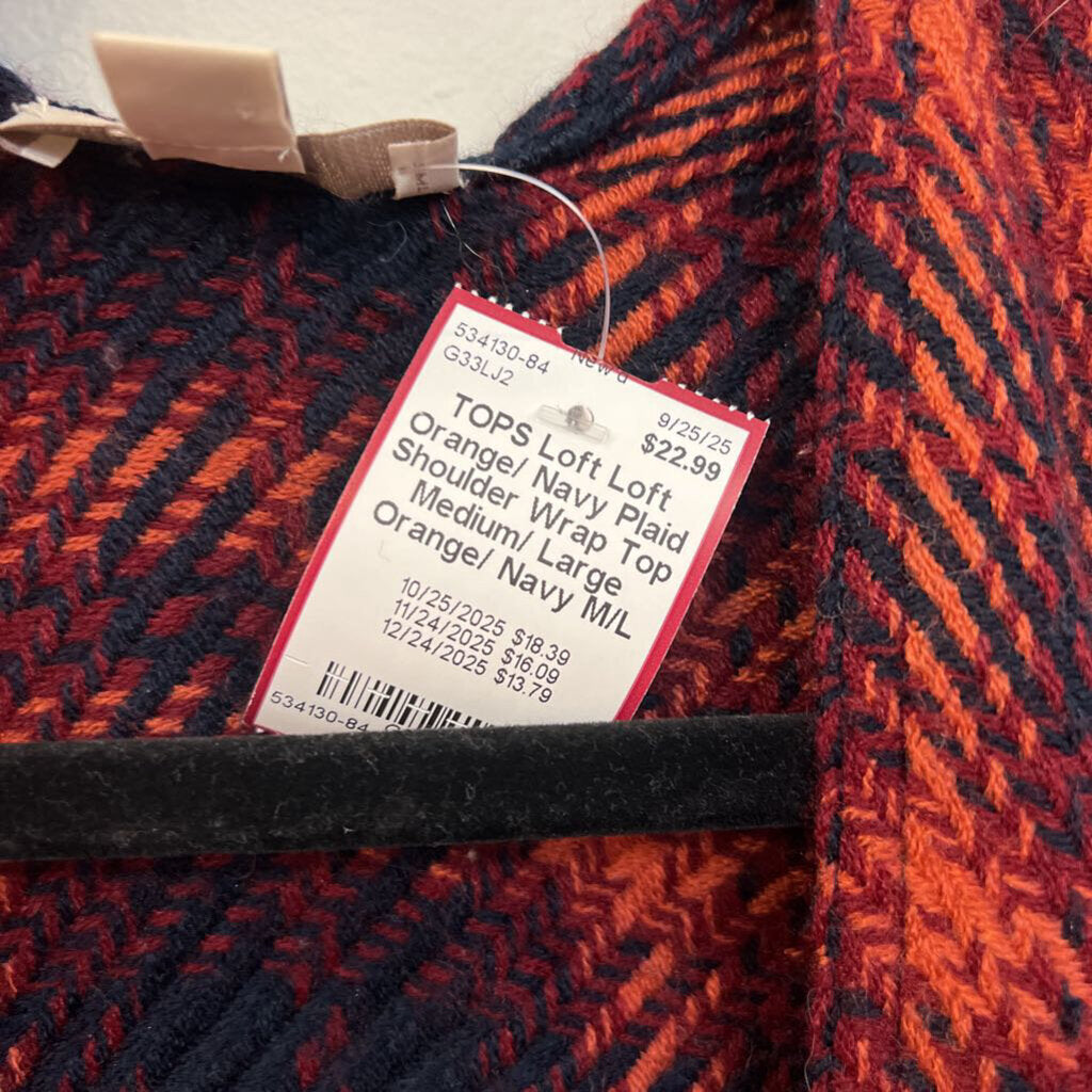 Loft Orange/ Navy Plaid Shoulder Wrap Top Medium/ Large