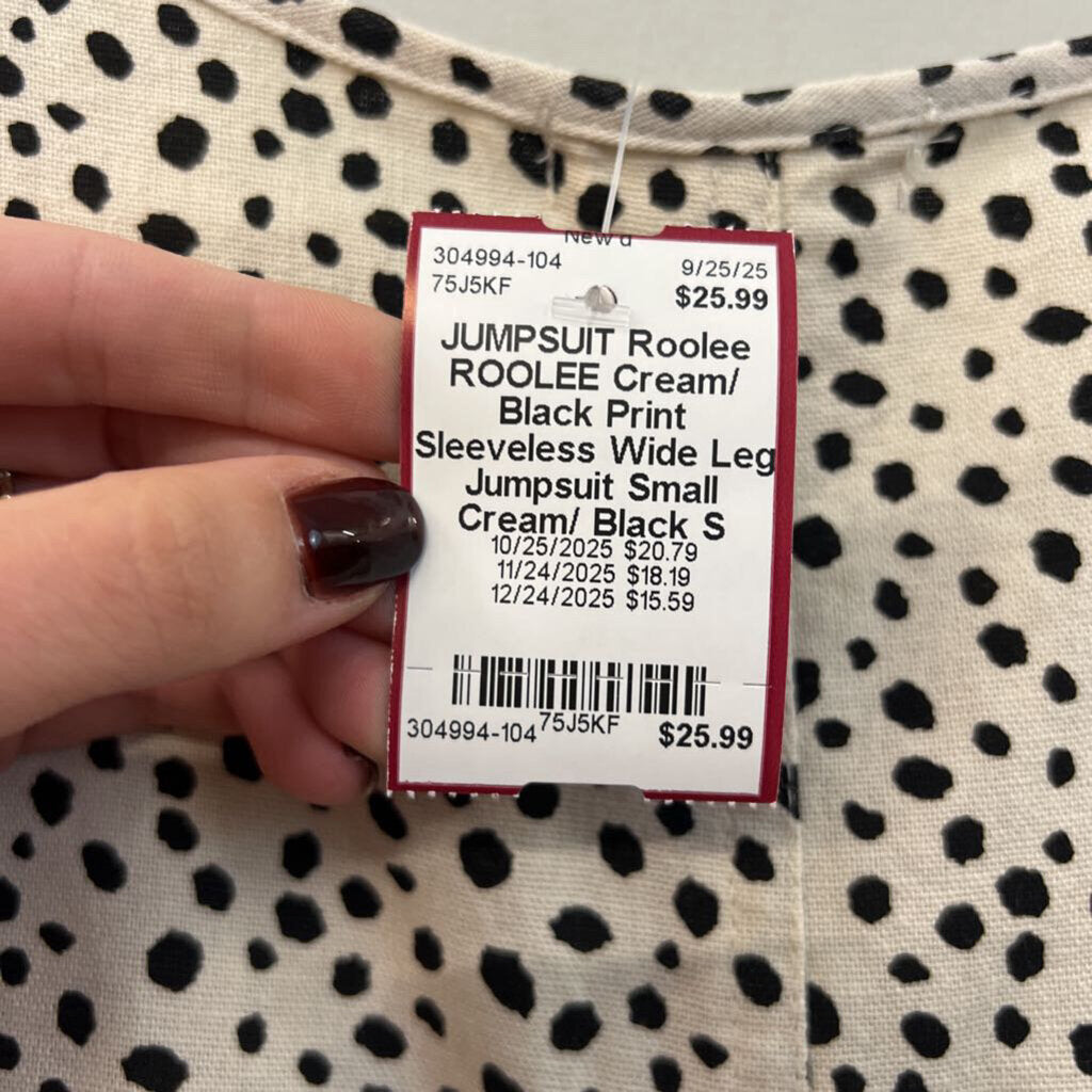 ROOLEE Cream/ Black Print Sleeveless Wide Leg Jumpsuit Small