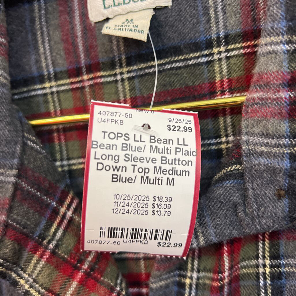 LL Bean Blue/ Multi Plaid Long Sleeve Button Down Top Medium