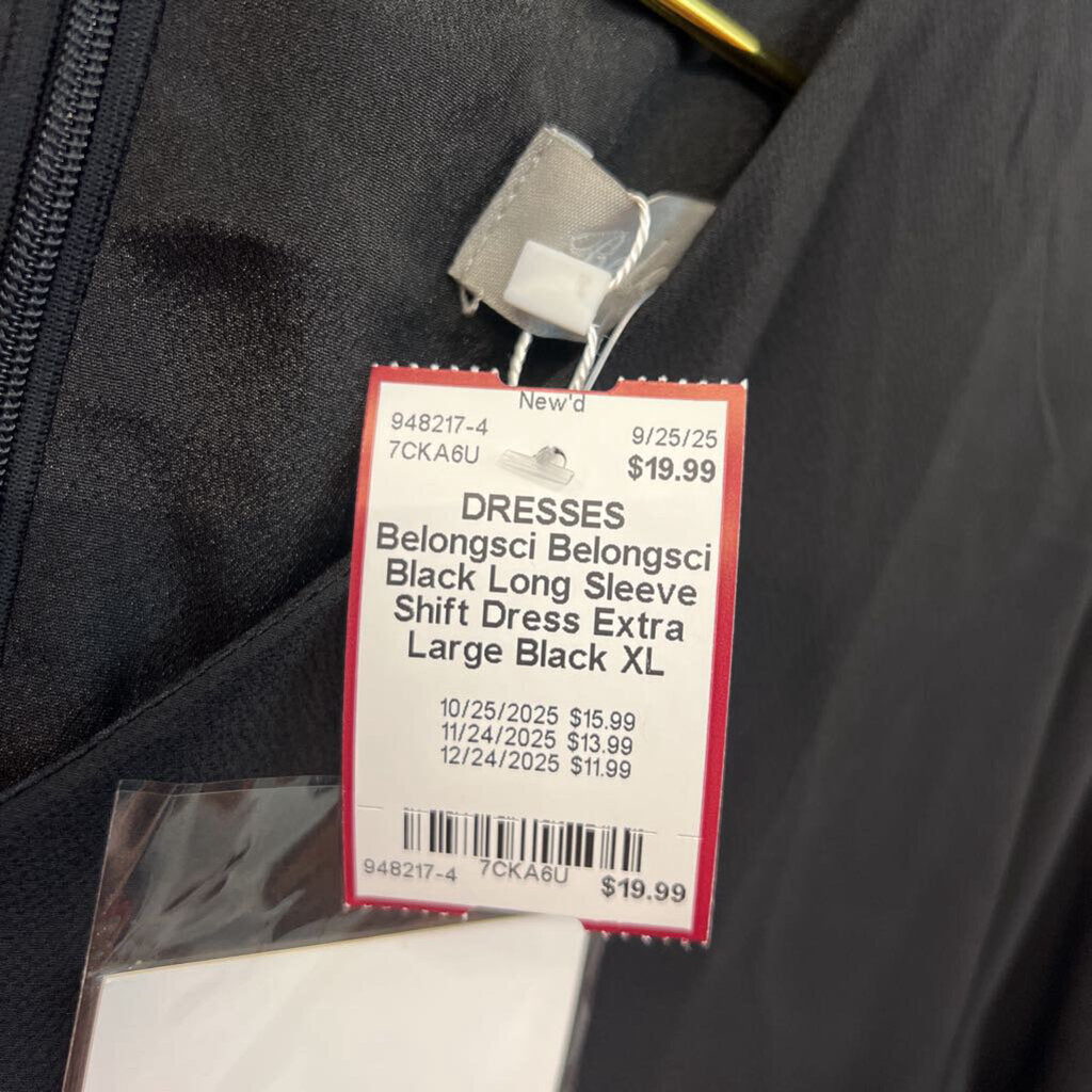 Belongsci Black Long Sleeve Shift Dress Extra Large