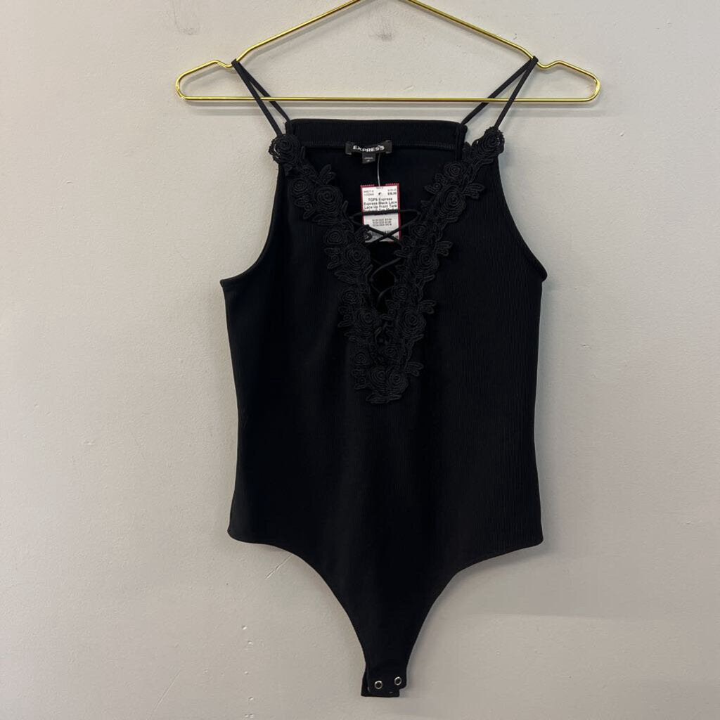 Express Black Lace Lace Up Front Tank Bodysuit Top Medium
