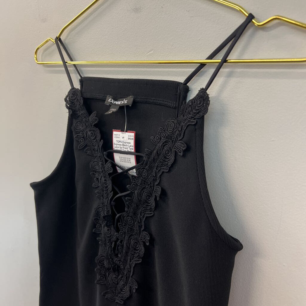 Express Black Lace Lace Up Front Tank Bodysuit Top Medium