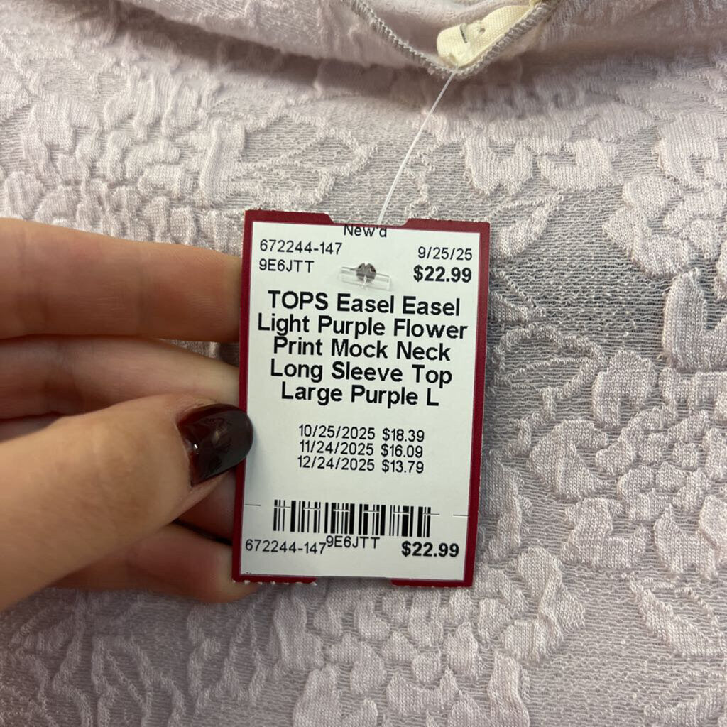 Easel Light Purple Flower Print Mock Neck Long Sleeve Top Large