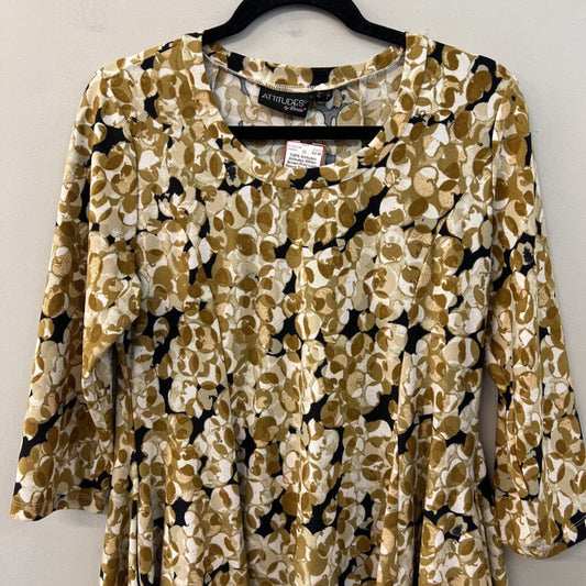 Attitudes White/ Brown Print Long Sleeve Top Medium