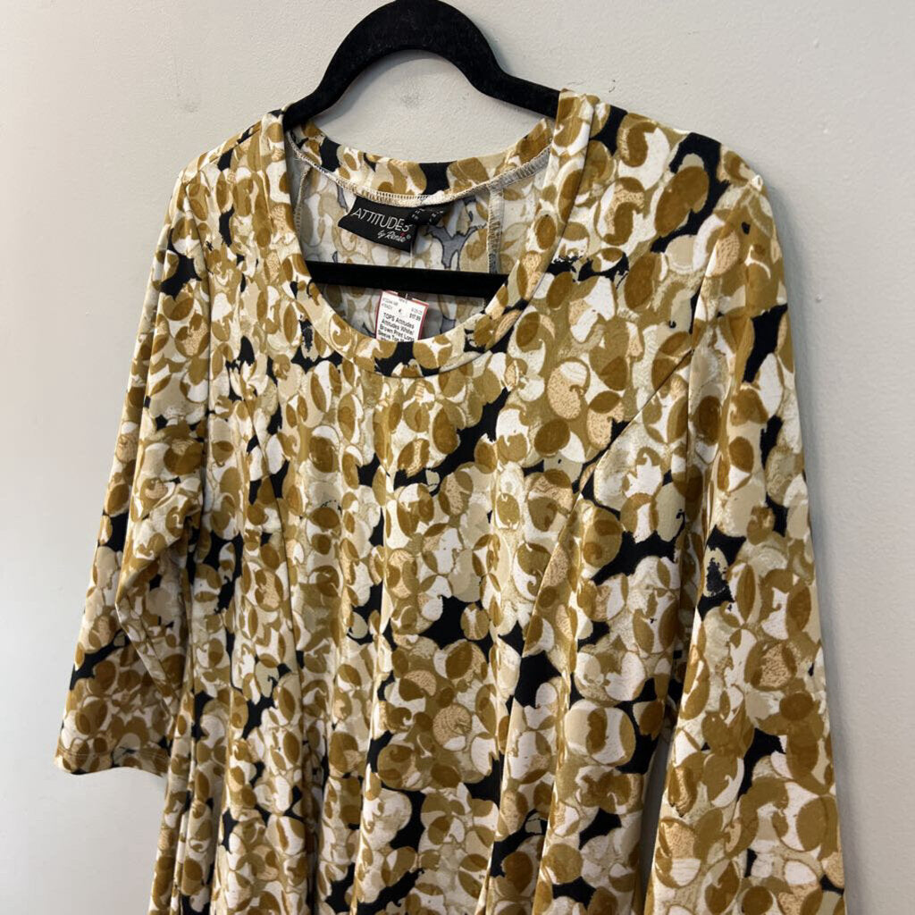 Attitudes White/ Brown Print Long Sleeve Top Medium
