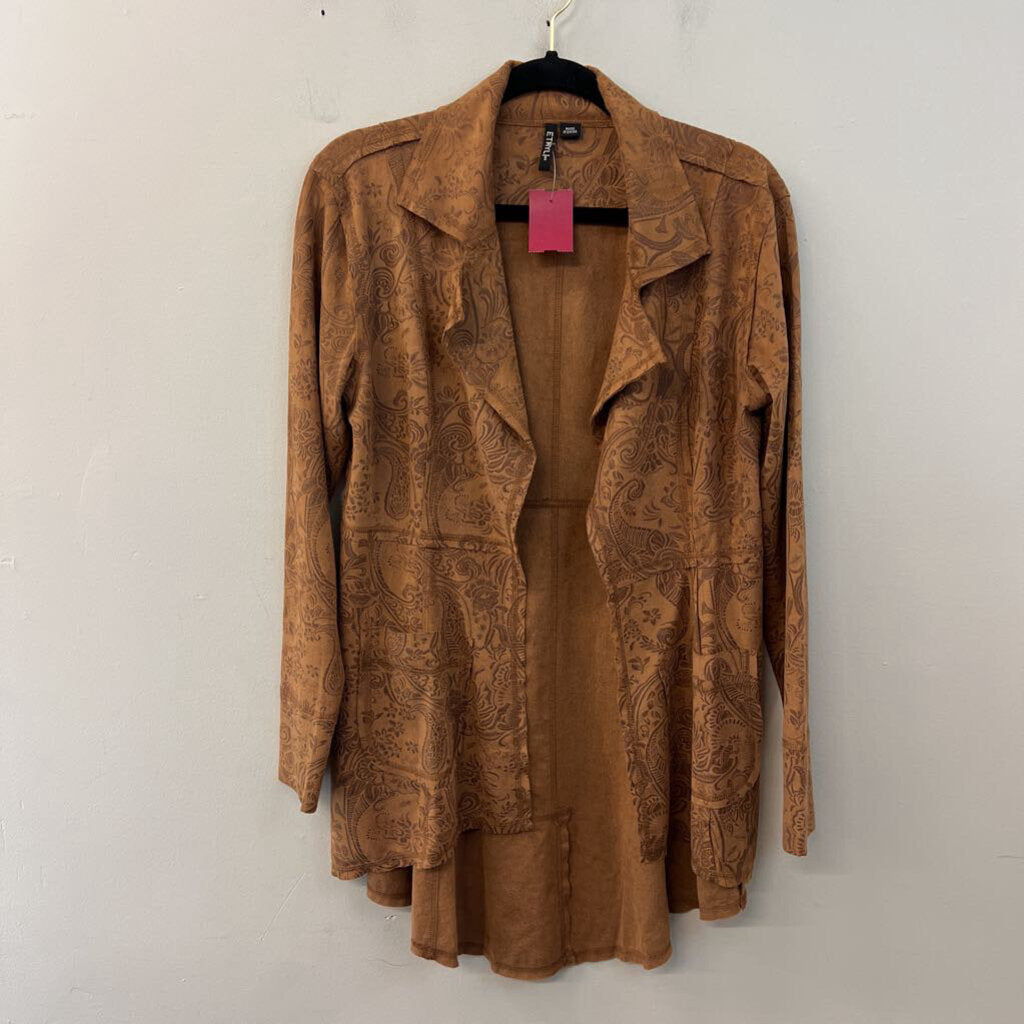 Ethyl Brown Suede Paisley Print Open Front Jacket Small