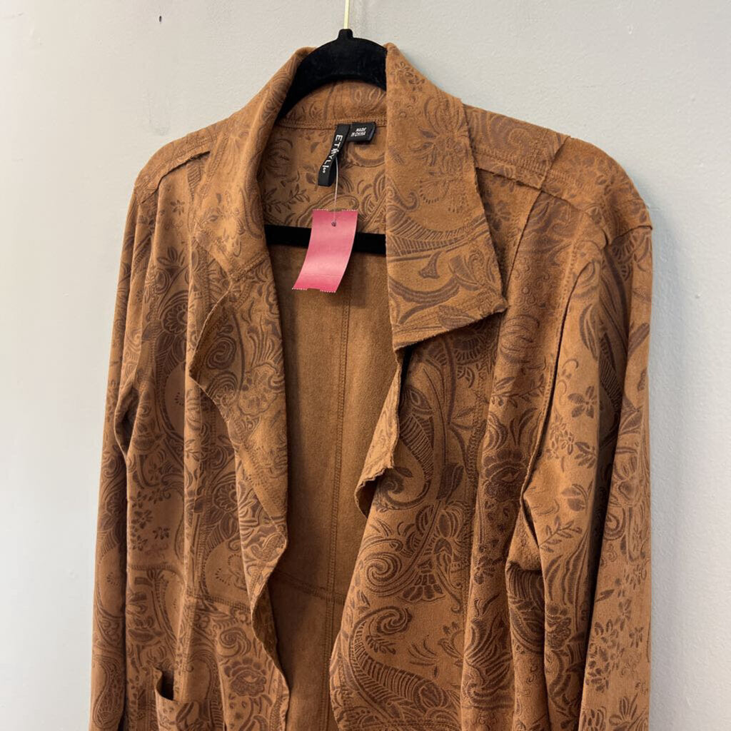 Ethyl Brown Suede Paisley Print Open Front Jacket Small