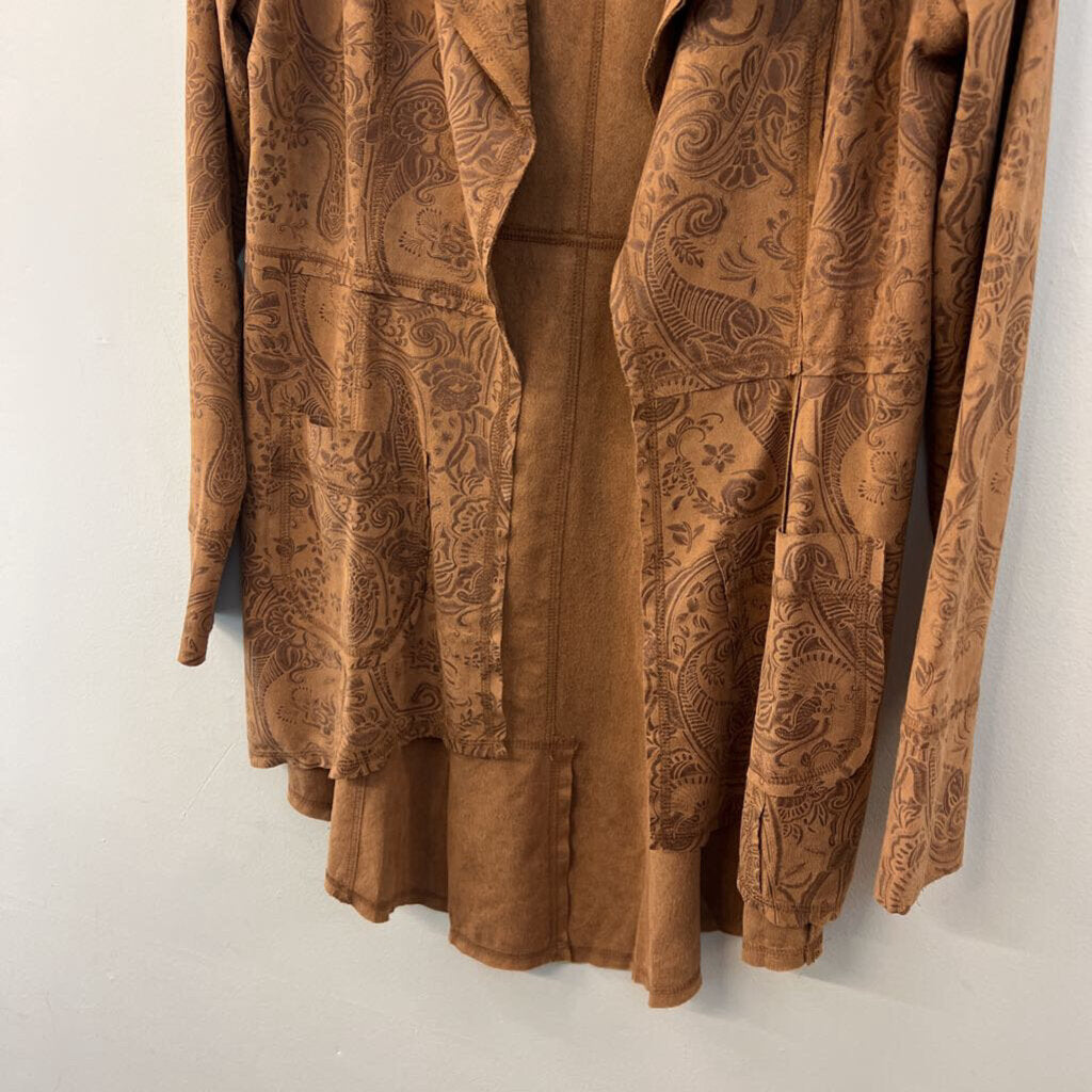 Ethyl Brown Suede Paisley Print Open Front Jacket Small
