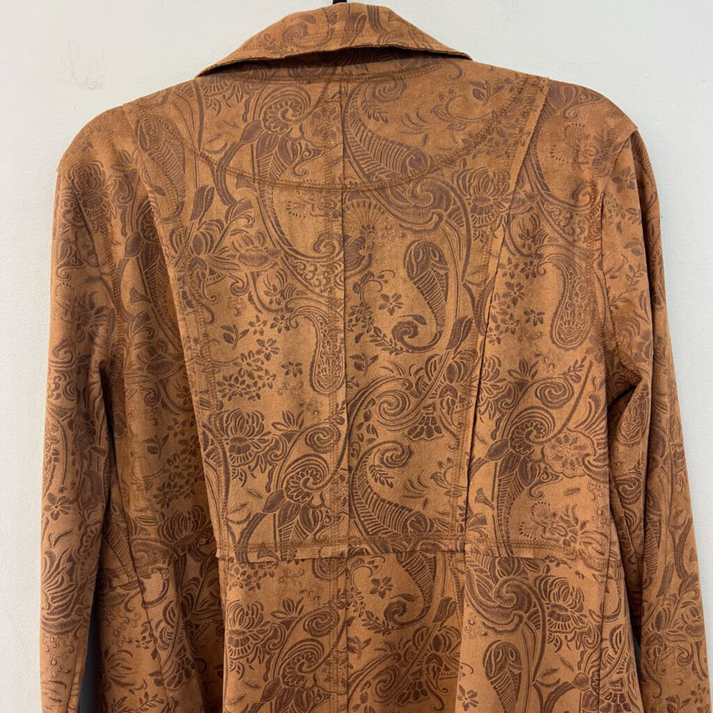 Ethyl Brown Suede Paisley Print Open Front Jacket Small