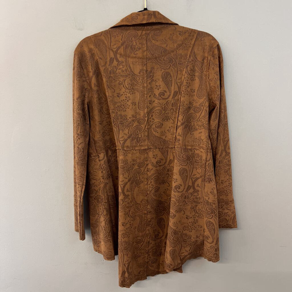 Ethyl Brown Suede Paisley Print Open Front Jacket Small