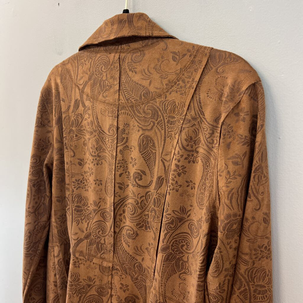 Ethyl Brown Suede Paisley Print Open Front Jacket Small