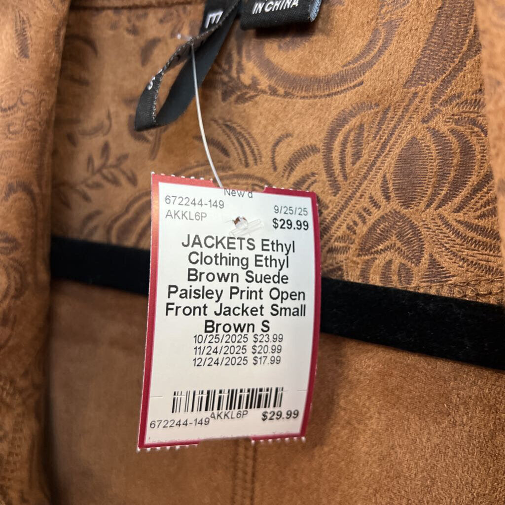 Ethyl Brown Suede Paisley Print Open Front Jacket Small