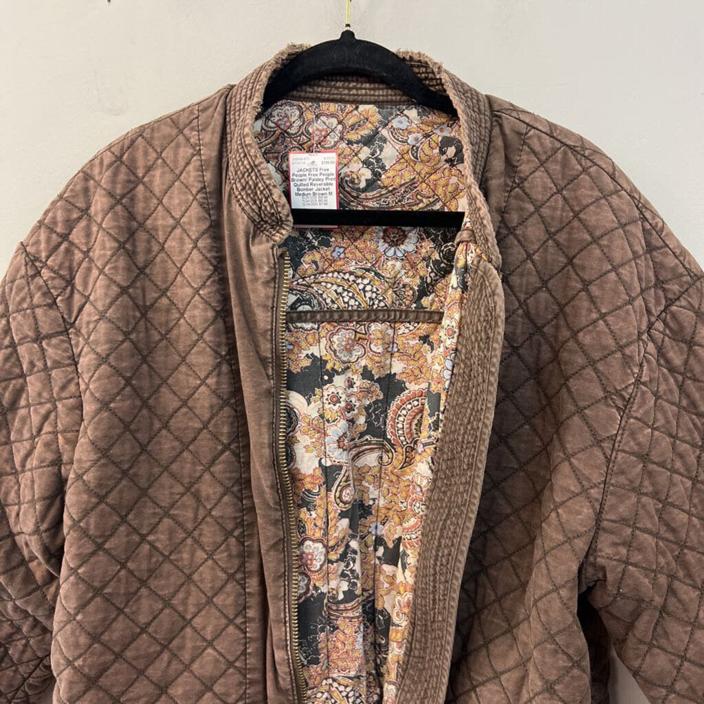 Free People Brown/ Paisley Print Quilted Reversible Bomber Jacket Medium