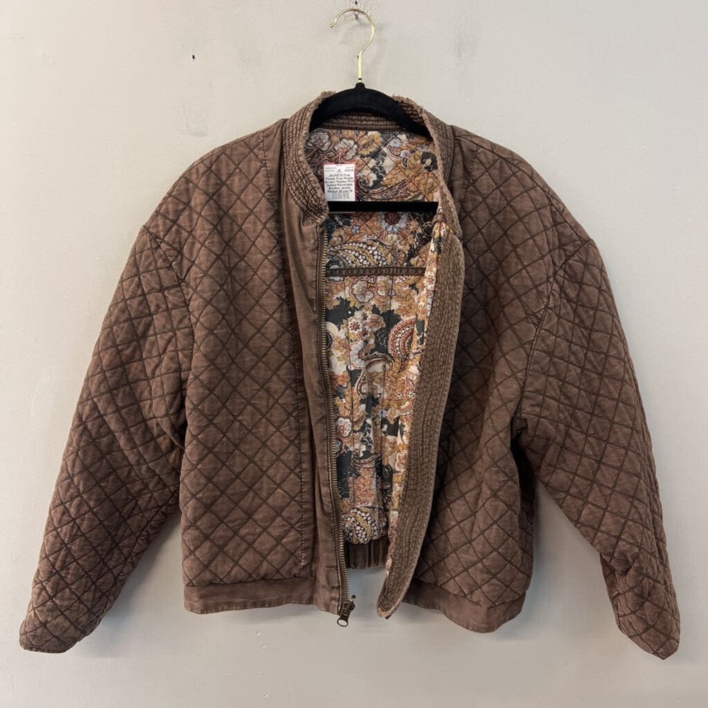Free People Brown/ Paisley Print Quilted Reversible Bomber Jacket Medium