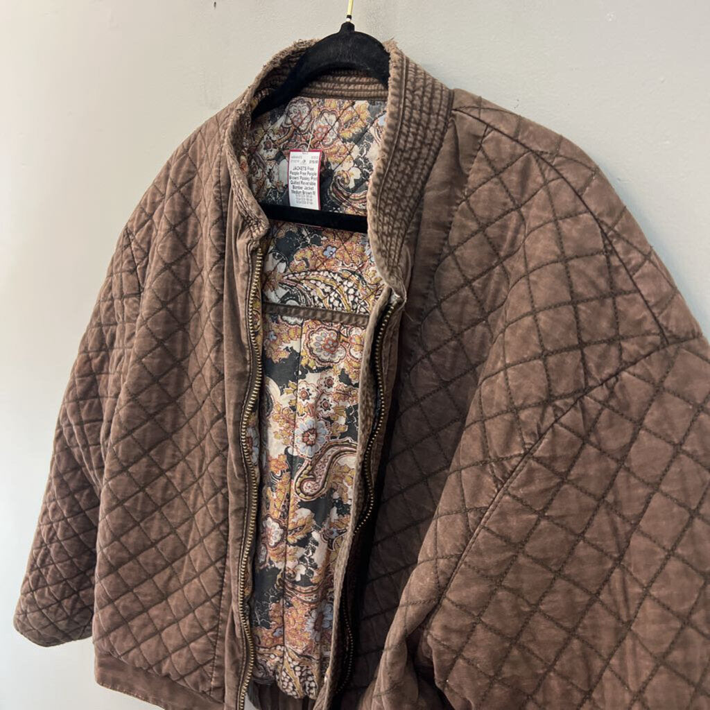 Free People Brown/ Paisley Print Quilted Reversible Bomber Jacket Medium
