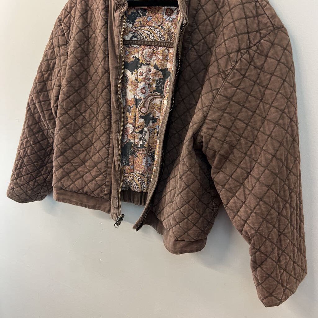 Free People Brown/ Paisley Print Quilted Reversible Bomber Jacket Medium