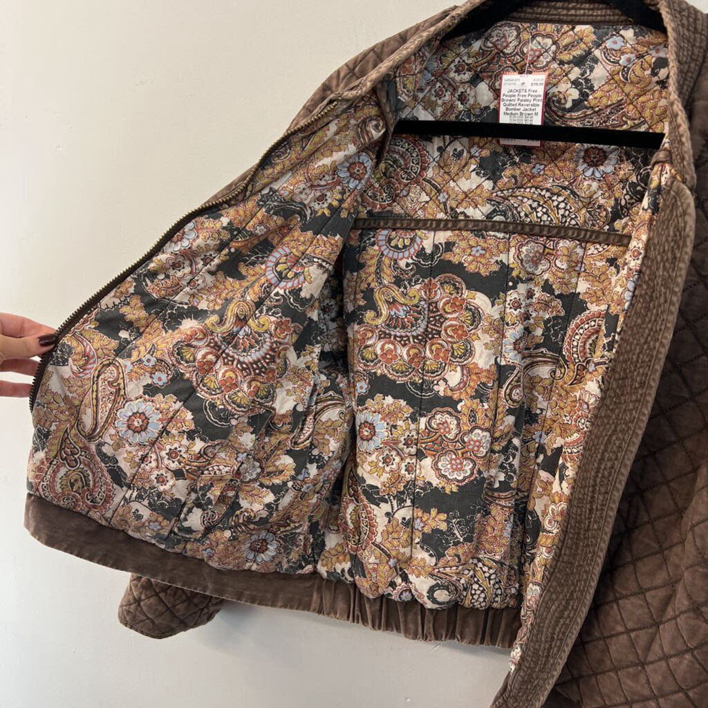 Free People Brown/ Paisley Print Quilted Reversible Bomber Jacket Medium