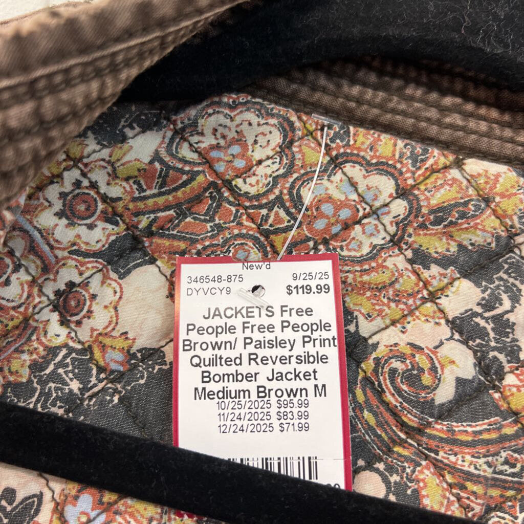 Free People Brown/ Paisley Print Quilted Reversible Bomber Jacket Medium
