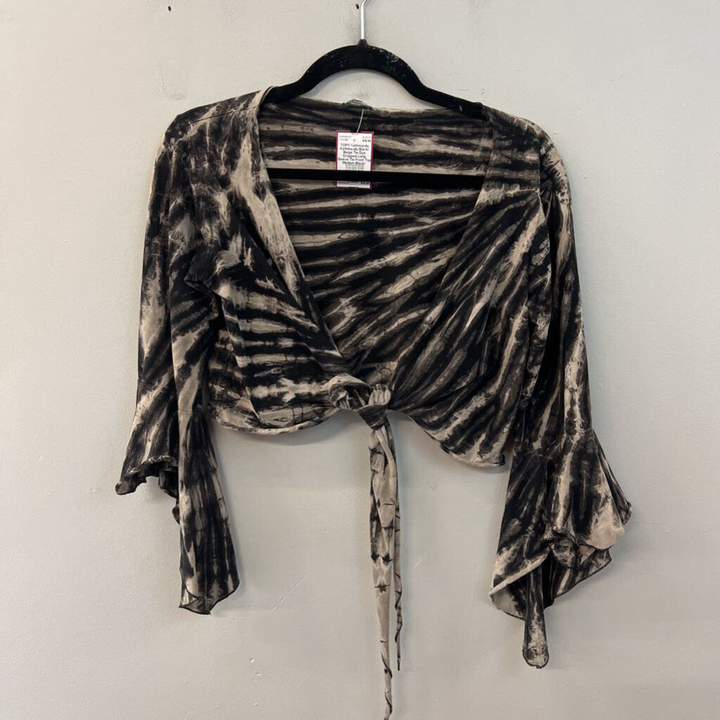 Kathmandu Black/ Beige Tie Dye Cropped Long Sleeve Tie Front Top Medium