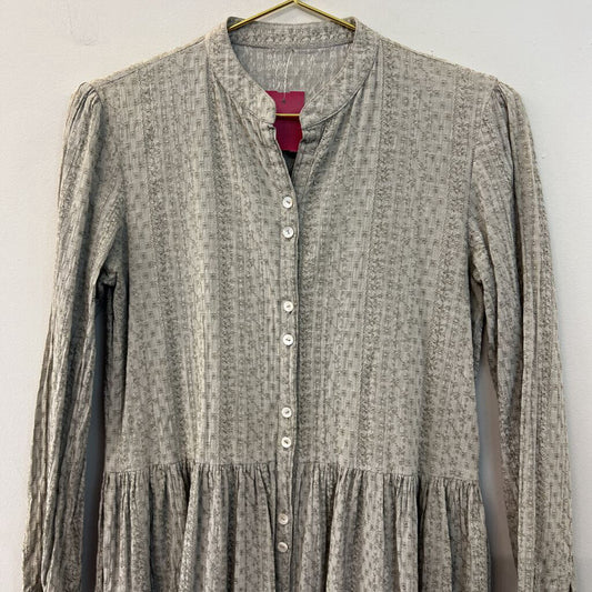 Green Embroidered Long Sleeve Button Front Dress Small
