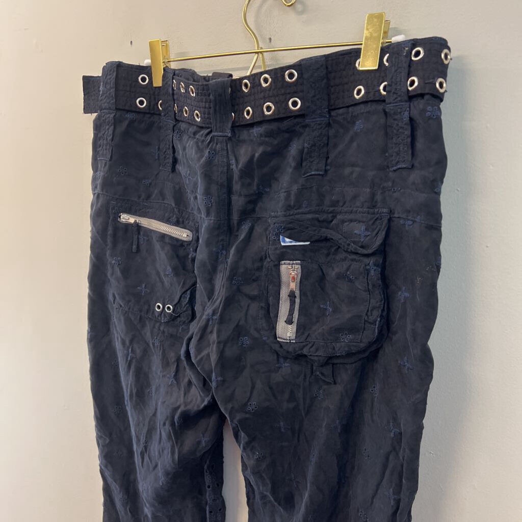 Johnny Was Navy Eyelet Cargo Straight Leg Pants With Belt 4