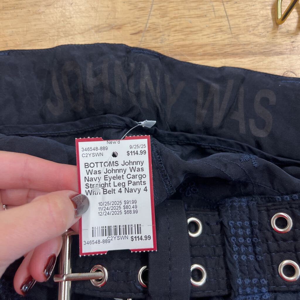 Johnny Was Navy Eyelet Cargo Straight Leg Pants With Belt 4