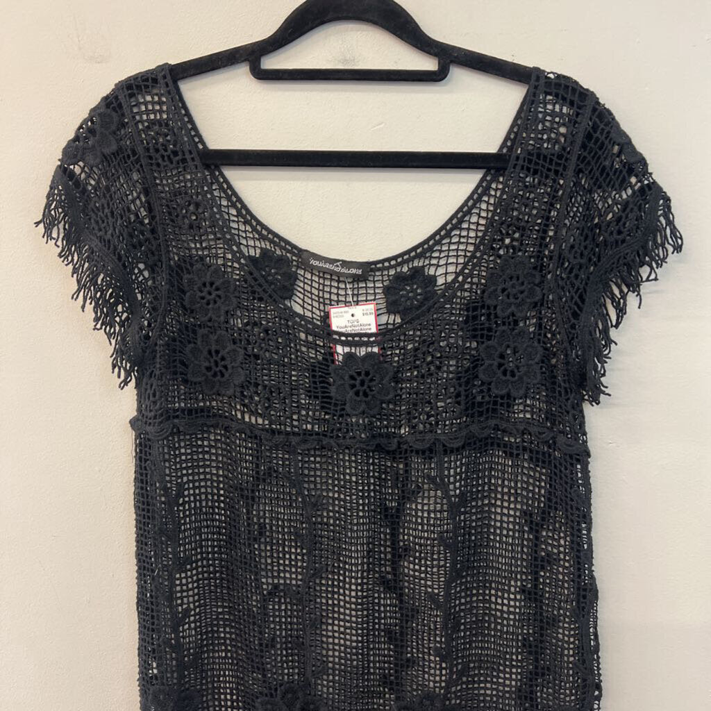 YouAreNotAlone Black Crochet Short Sleeve Top Small