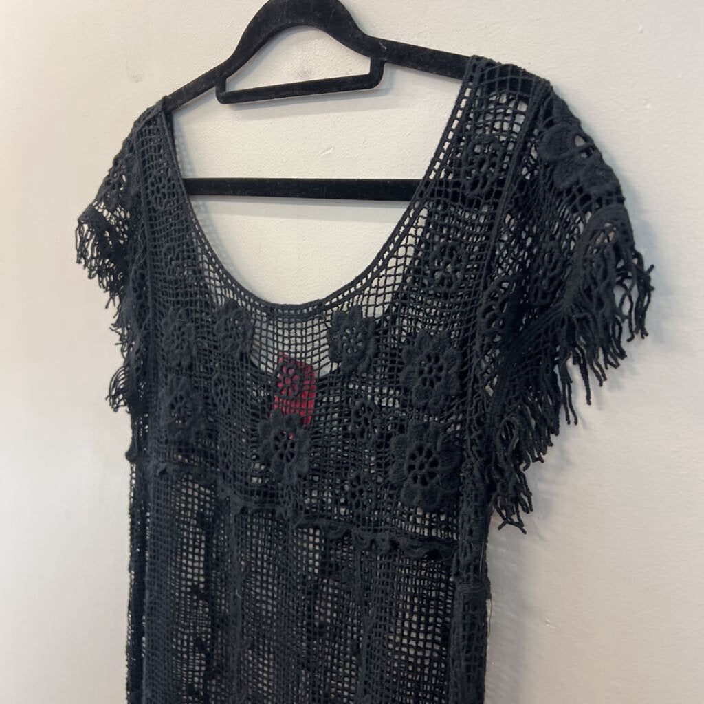 YouAreNotAlone Black Crochet Short Sleeve Top Small