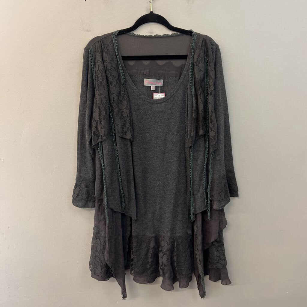 Pretty Angel Grey Lace Fringe Long Sleeve Top 1X