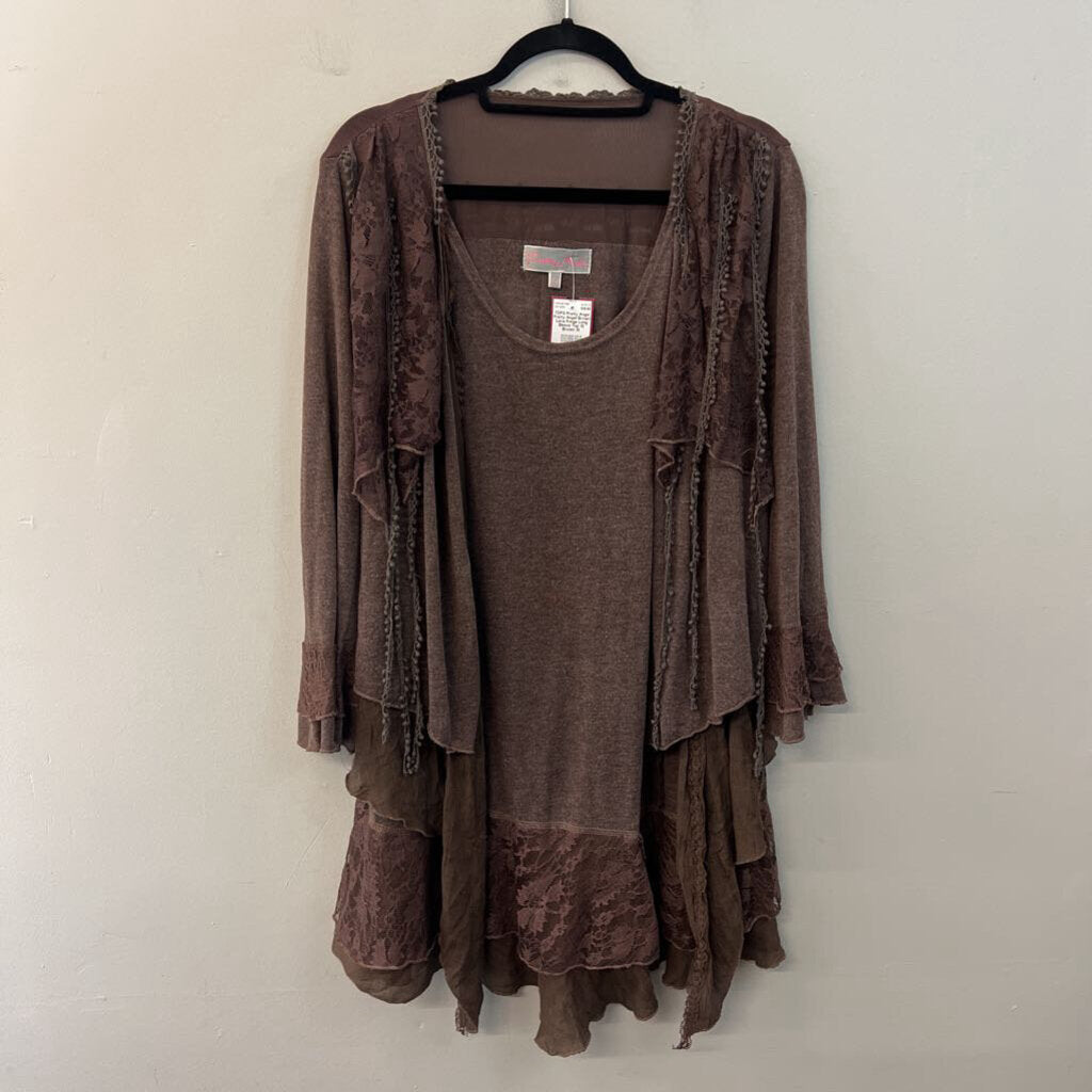Pretty Angel Brown Lace Fringe Long Sleeve Top 1X