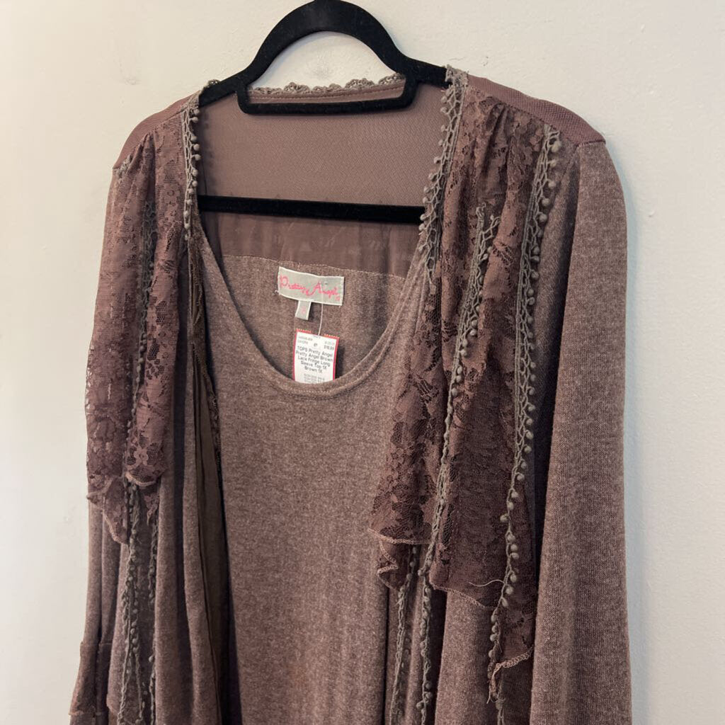 Pretty Angel Brown Lace Fringe Long Sleeve Top 1X