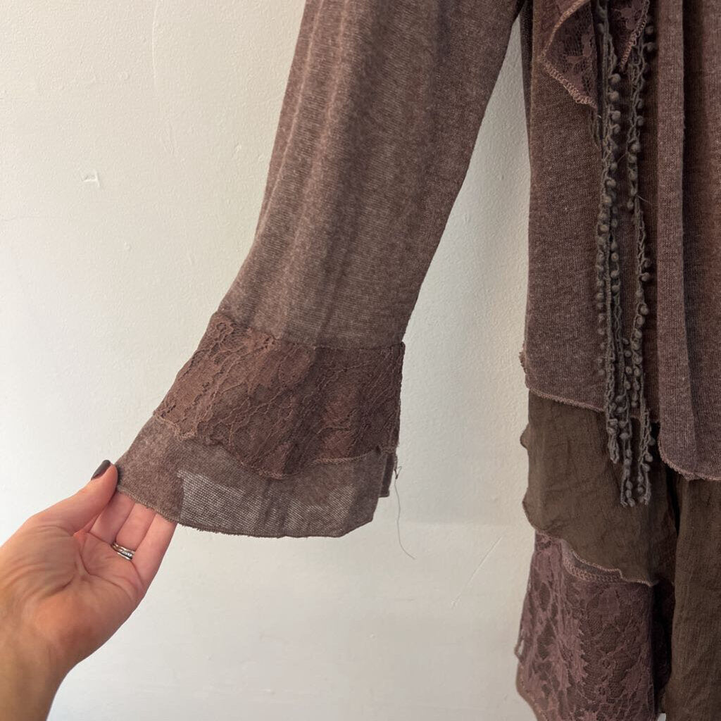 Pretty Angel Brown Lace Fringe Long Sleeve Top 1X