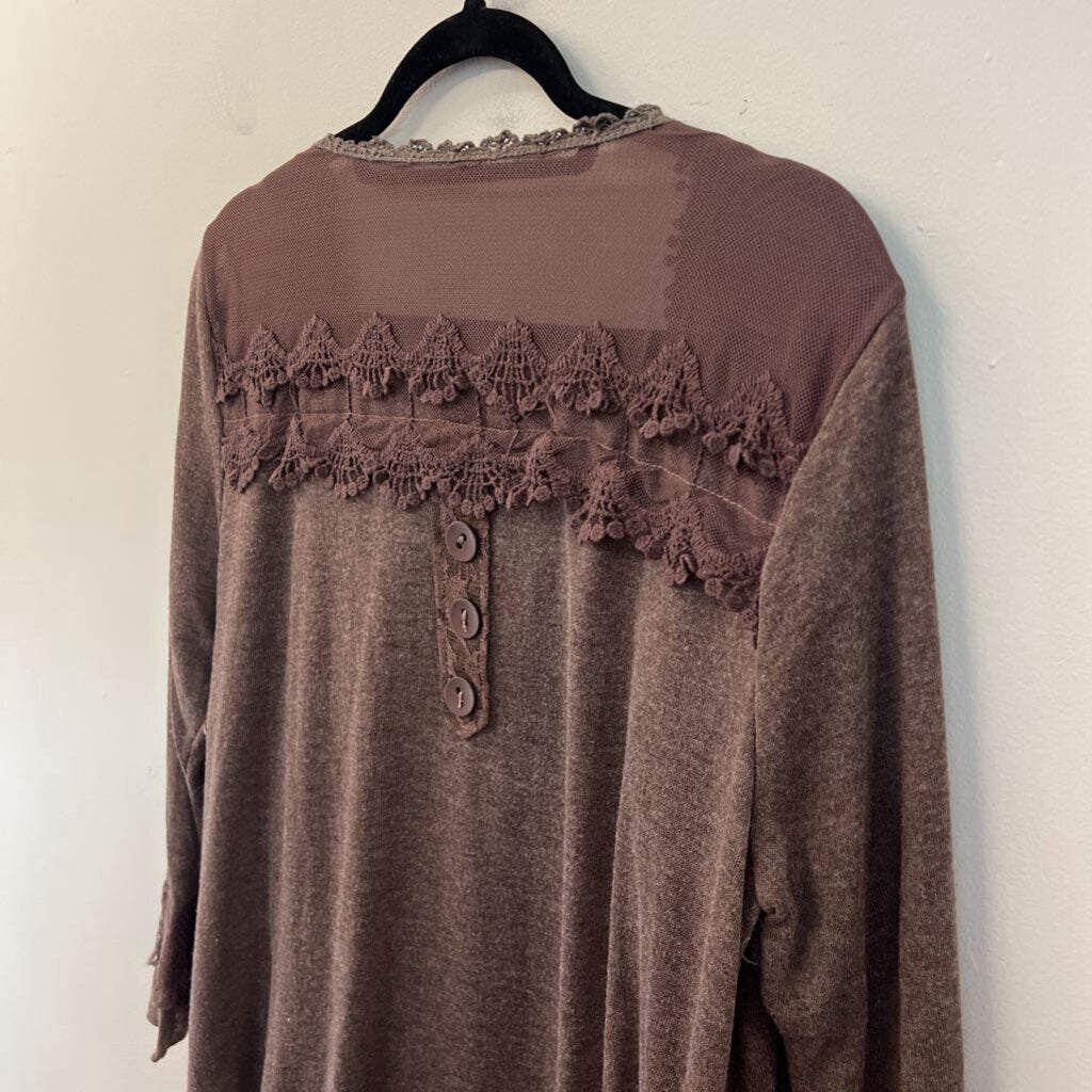 Pretty Angel Brown Lace Fringe Long Sleeve Top 1X