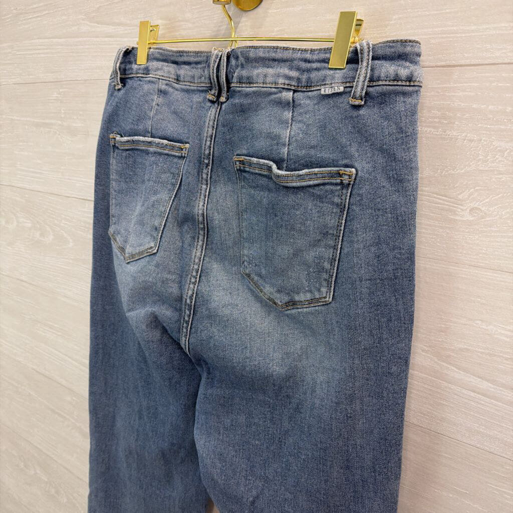 Risen Jeans Light Wash Raw Hem Flare Leg Jeans 1XL