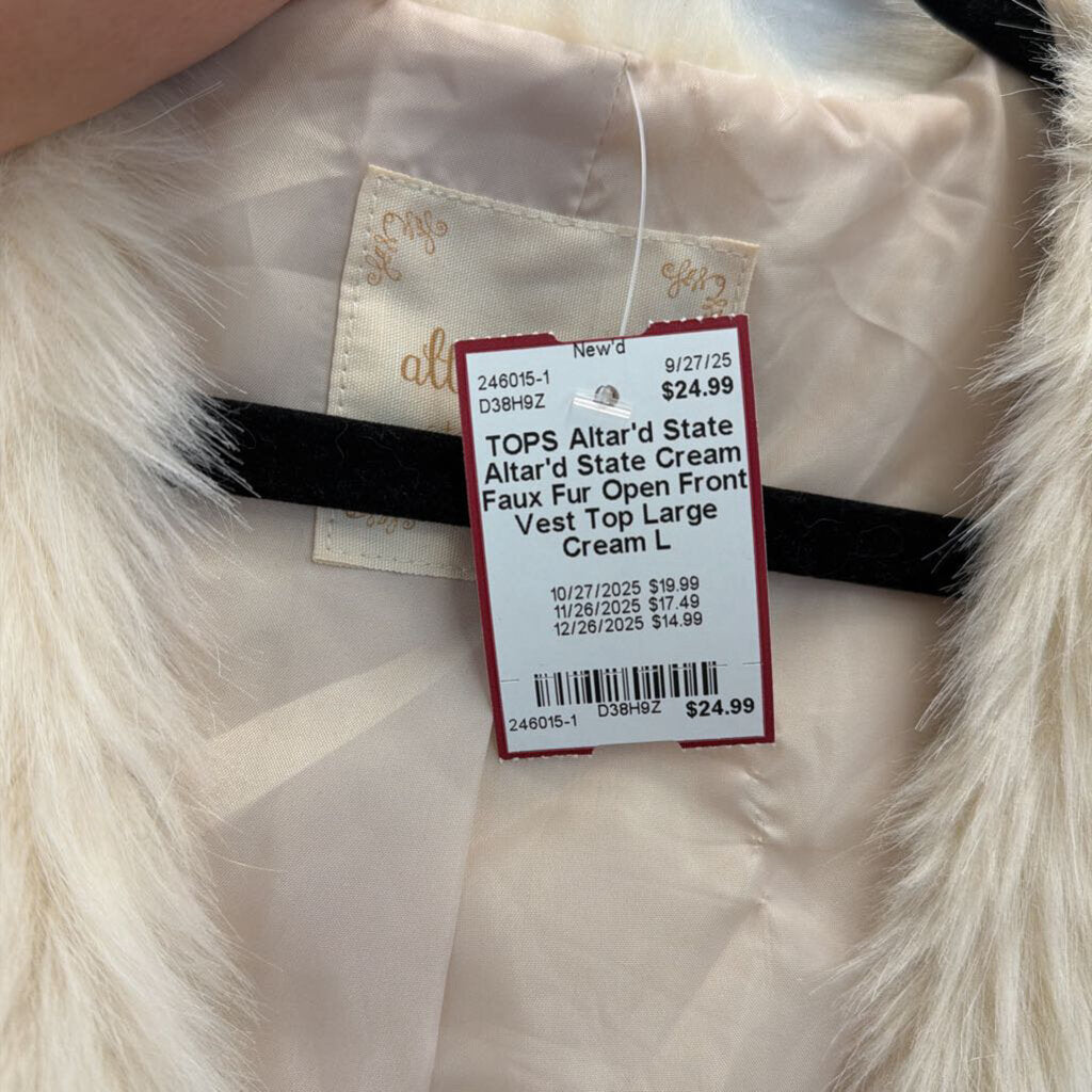 Altar'd State Cream Faux Fur Open Front Vest Top Large