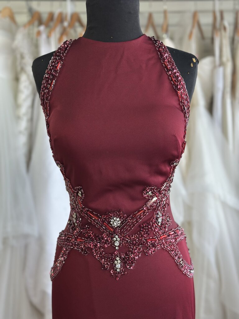 Alyce Burgundy Beaded Detail High Neck Long Formal Dress 10