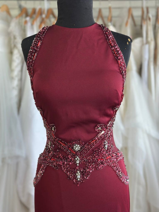 Alyce Burgundy Beaded Detail High Neck Long Formal Dress 10
