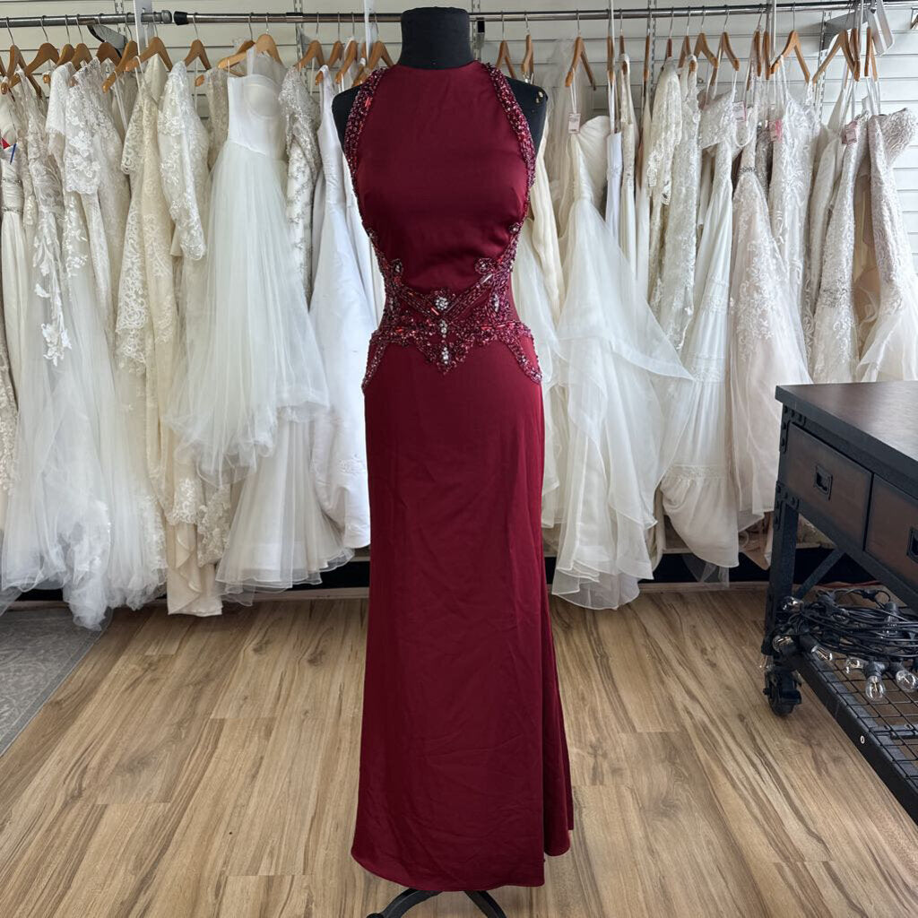 Alyce Burgundy Beaded Detail High Neck Long Formal Dress 10