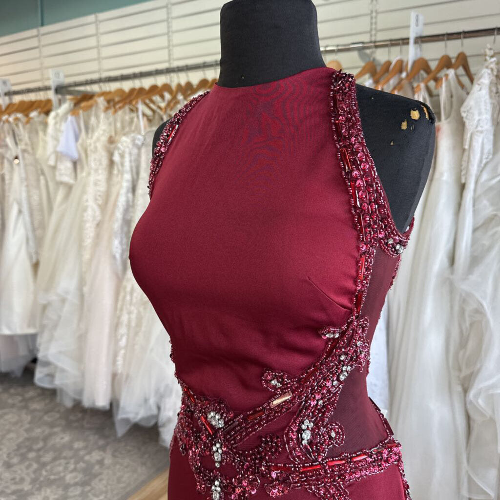 Alyce Burgundy Beaded Detail High Neck Long Formal Dress 10