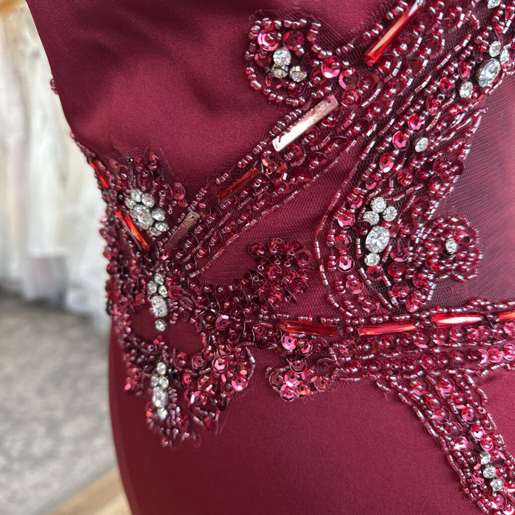 Alyce Burgundy Beaded Detail High Neck Long Formal Dress 10