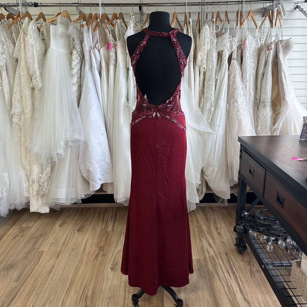 Alyce Burgundy Beaded Detail High Neck Long Formal Dress 10