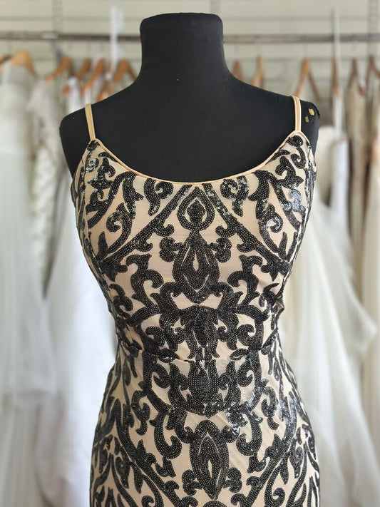 Miss Ord Beige/ Black Sequin Print Long Formal Dress Extra Large