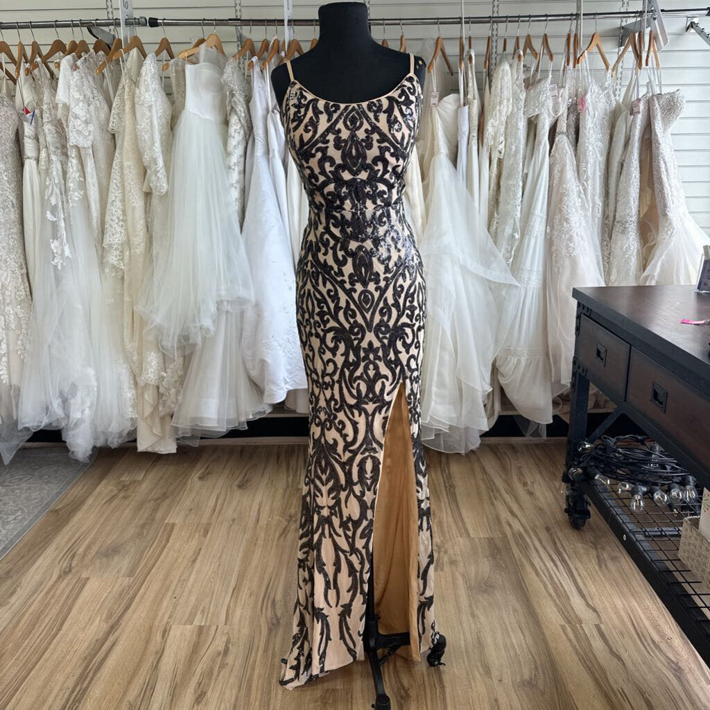 Miss Ord Beige/ Black Sequin Print Long Formal Dress Extra Large