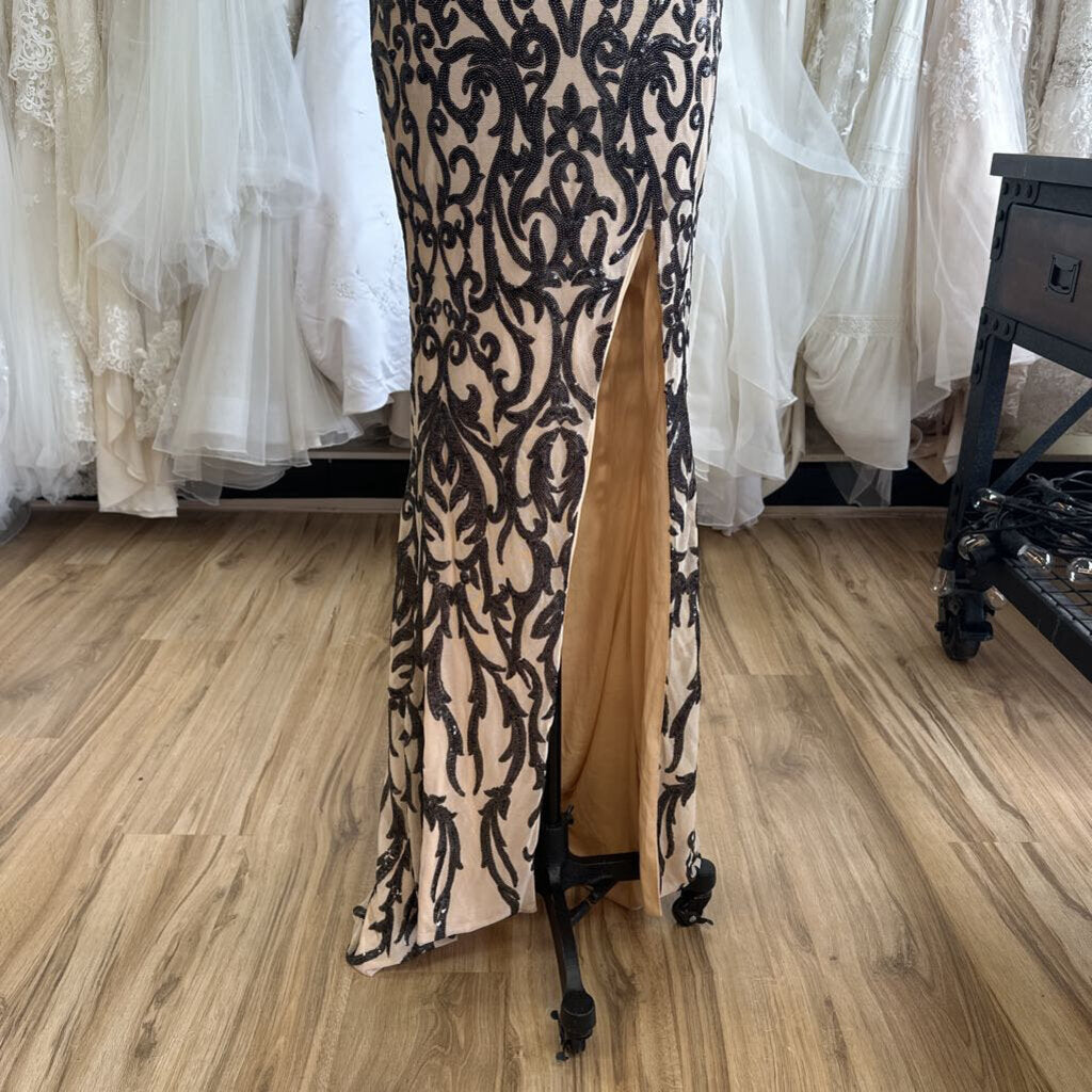 Miss Ord Beige/ Black Sequin Print Long Formal Dress Extra Large