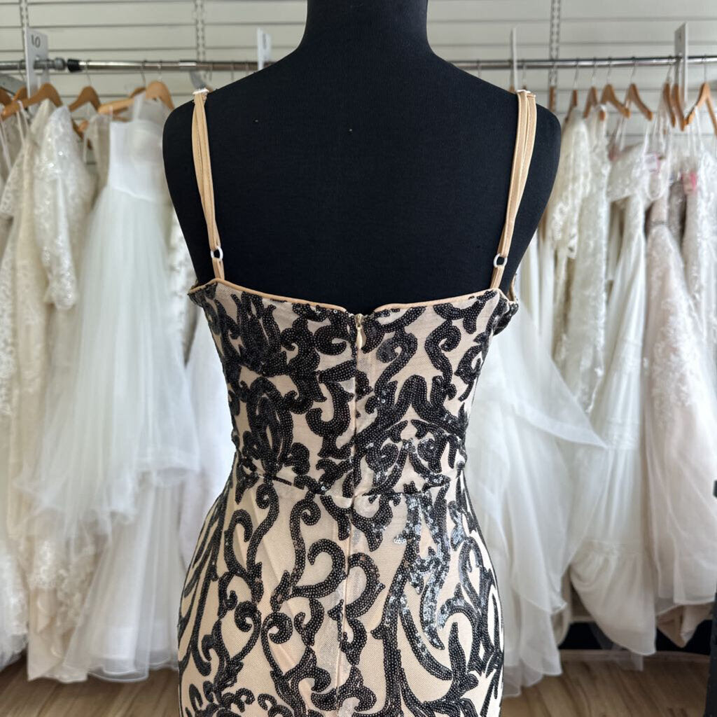 Miss Ord Beige/ Black Sequin Print Long Formal Dress Extra Large