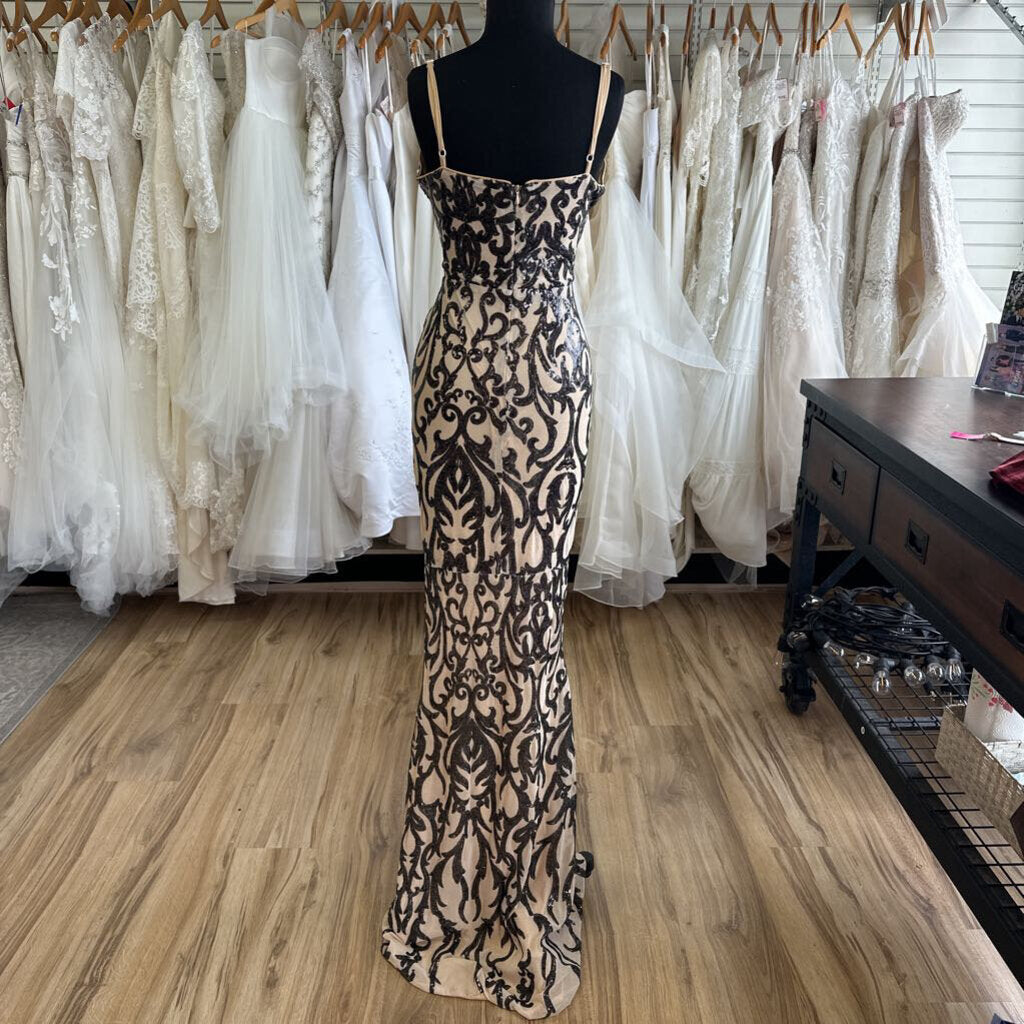 Miss Ord Beige/ Black Sequin Print Long Formal Dress Extra Large
