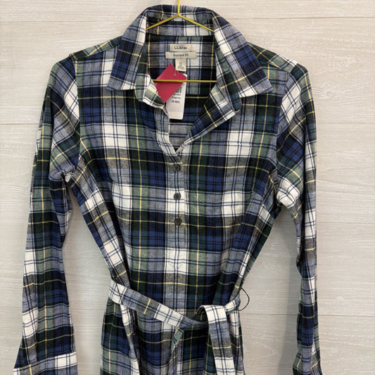 LL Bean Blue/ White Plaid Long Sleeve Tie Waist Dress Extra Small