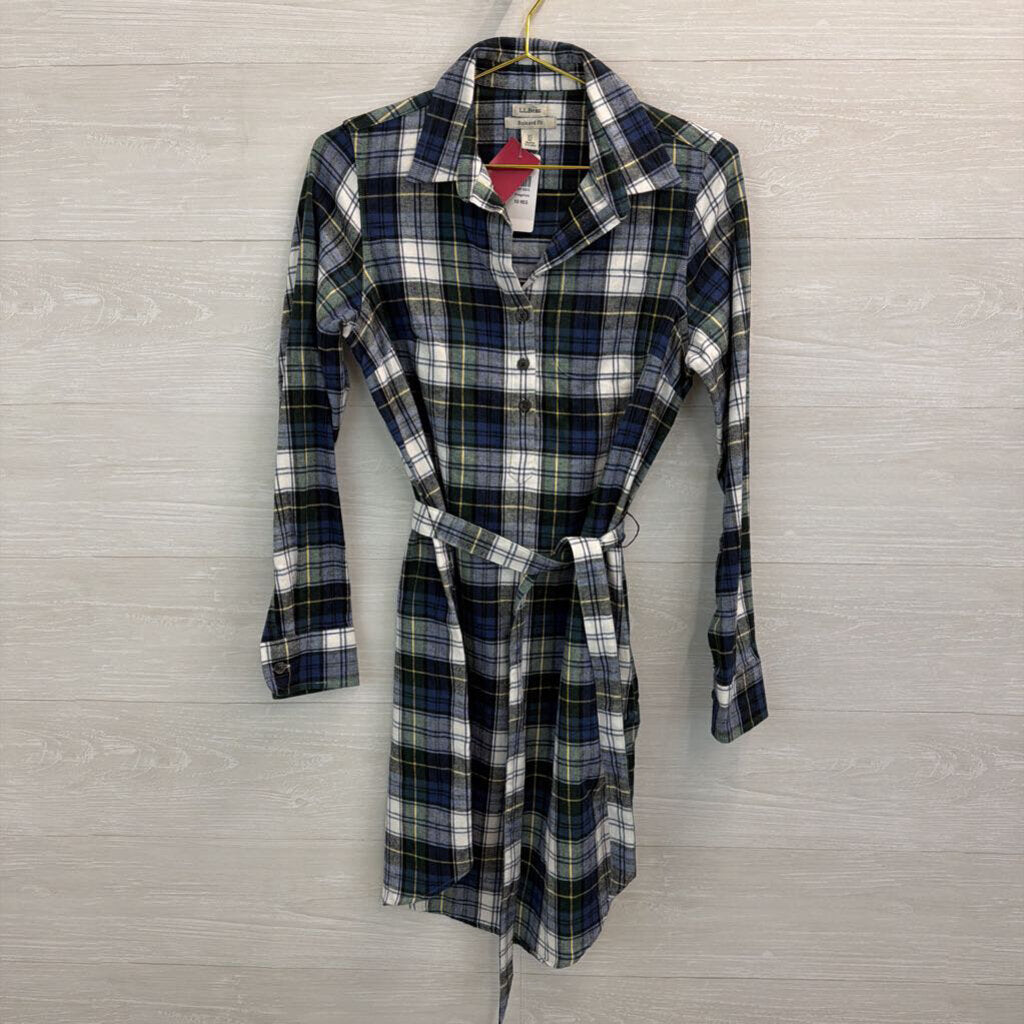 LL Bean Blue/ White Plaid Long Sleeve Tie Waist Dress Extra Small
