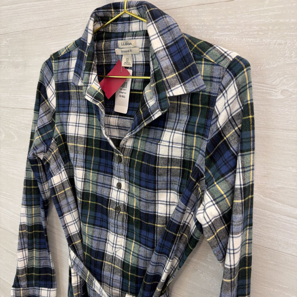 LL Bean Blue/ White Plaid Long Sleeve Tie Waist Dress Extra Small